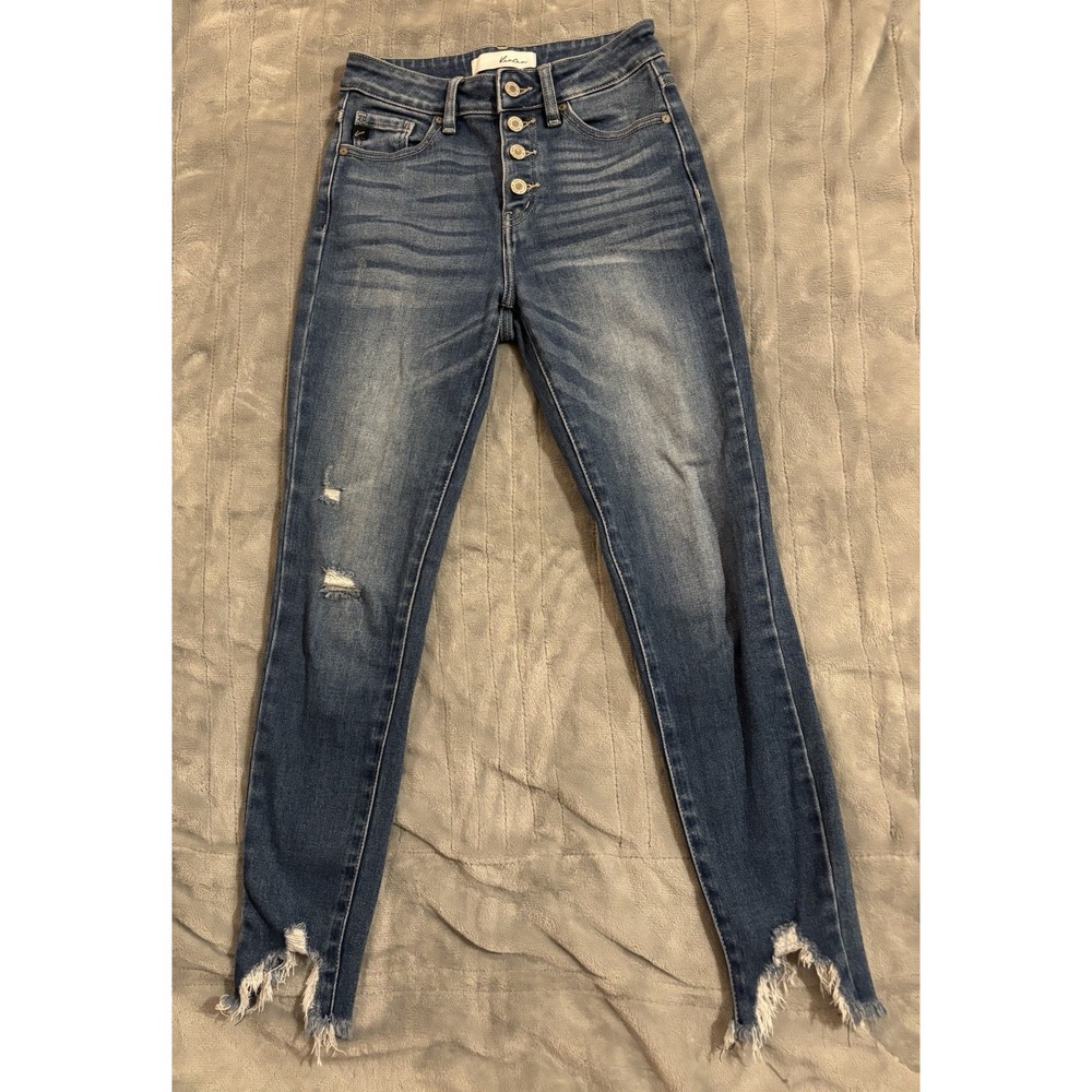 NEW Kancan High Rise Skinny Blue Denim Jeans Distressed Hem Women’s 3/25